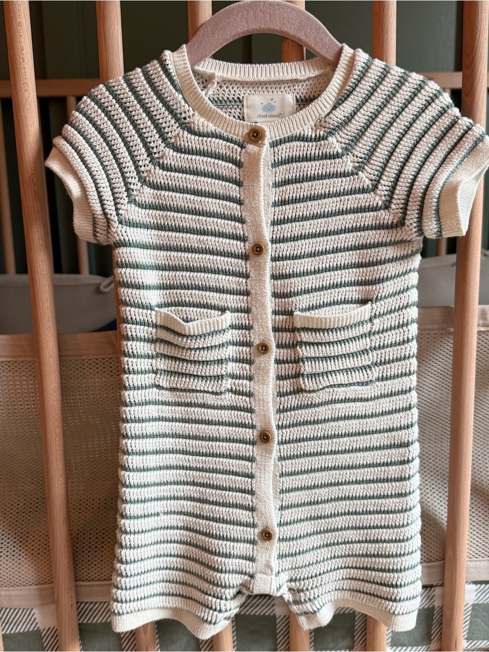 Baby Striped Knit Short-Sleeve Romper - Cream & Green